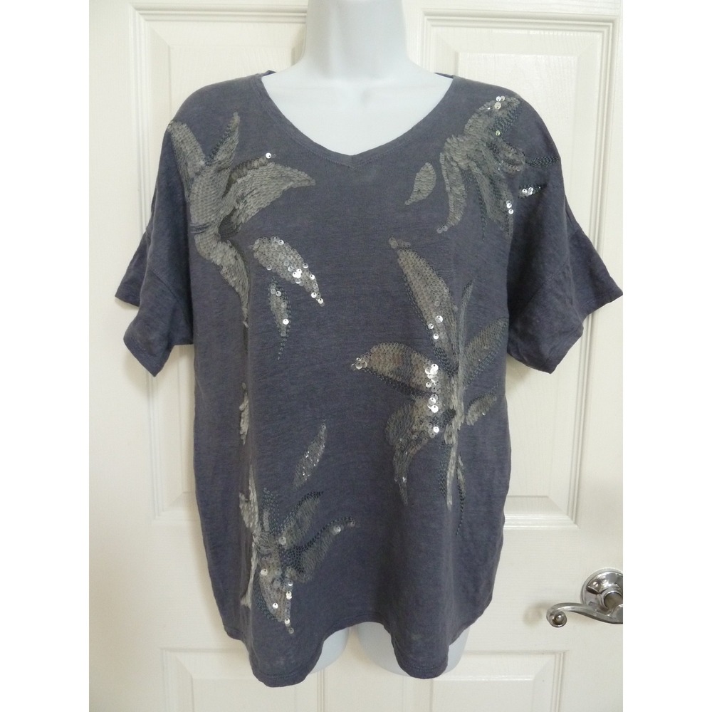 Chico's Size 2 Large Grayish Blue Linen Sequin V-Neck Dolman Sleeve Top